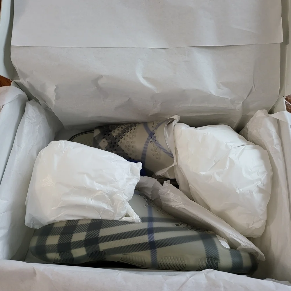Burberry Gray Plaid Slide Sandals